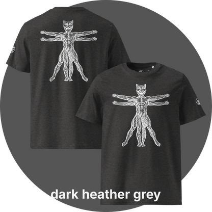 UN4RT dark heather grey organic cotton t-shirt front and back, front: vitruvian man figure with smiling theatre mask as head, back: same figure with tragic theatre mask as head, white line art on black, UN4RT logo on both left sleeves.