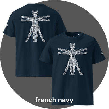 UN4RT french navy organic cotton t-shirt front and back, front: vitruvian man figure with smiling theatre mask as head, back: same figure with tragic theatre mask as head, white line art on black, UN4RT logo on both left sleeves.
