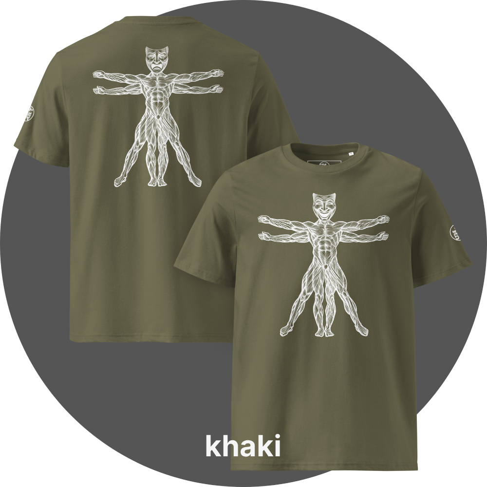 UN4RT khaki organic cotton t-shirt front and back, front: vitruvian man figure with smiling theatre mask as head, back: same figure with tragic theatre mask as head, white line art on black, UN4RT logo on both left sleeves.