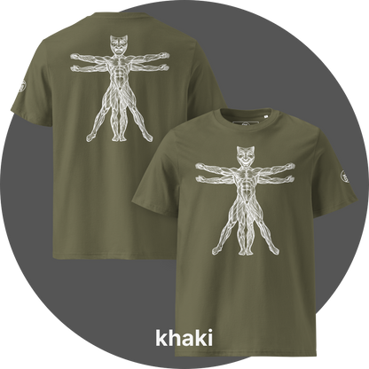 UN4RT khaki organic cotton t-shirt front and back, front: vitruvian man figure with smiling theatre mask as head, back: same figure with tragic theatre mask as head, white line art on black, UN4RT logo on both left sleeves.