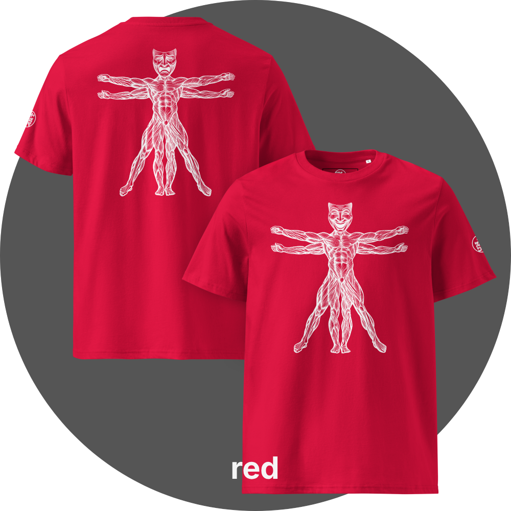 UN4RT red organic cotton t-shirt front and back, front: vitruvian man figure with smiling theatre mask as head, back: same figure with tragic theatre mask as head, white line art on black, UN4RT logo on both left sleeves.