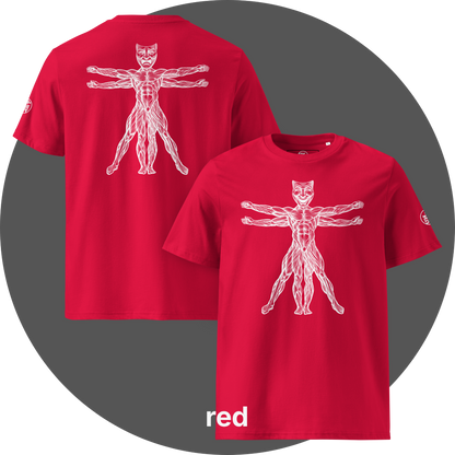 UN4RT red organic cotton t-shirt front and back, front: vitruvian man figure with smiling theatre mask as head, back: same figure with tragic theatre mask as head, white line art on black, UN4RT logo on both left sleeves.