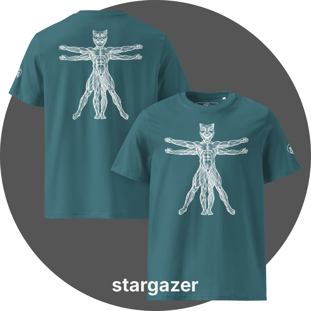 UN4RT teal organic cotton t-shirt front and back, front: vitruvian man figure with smiling theatre mask as head, back: same figure with tragic theatre mask as head, white line art on black, UN4RT logo on both left sleeves.
