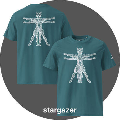 UN4RT teal organic cotton t-shirt front and back, front: vitruvian man figure with smiling theatre mask as head, back: same figure with tragic theatre mask as head, white line art on black, UN4RT logo on both left sleeves.