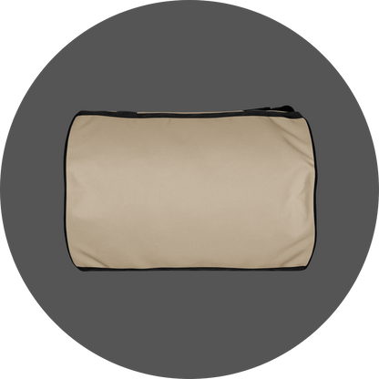 un4rt - the image shows the bottom of a tubular gym bag with an oystrich colored fabric. the frame straps are black.