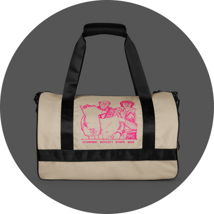 un4rt - the image shows the back of a tubular gym bag with an oystrich colored fabric. the frame straps are black. a printed image with text in pink in the center. the printed image shows a drawing of a couple doing excessive shopping. the text reads: "economic boycott stops war".