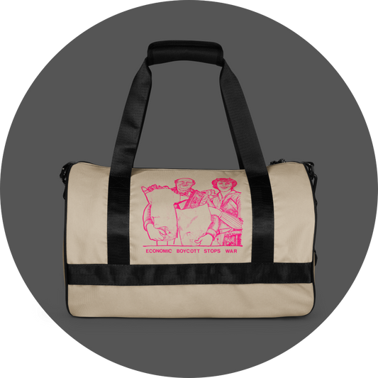 un4rt - the image shows the back of a tubular gym bag with an oystrich colored fabric. the frame straps are black. a printed image with text in pink in the center. the printed image shows a drawing of a couple doing excessive shopping. the text reads: "economic boycott stops war".