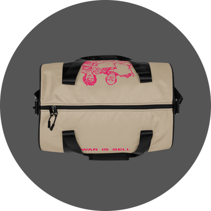 un4rt - the image shows the top of a tubular gym bag with an oystrich colored fabric. the frame straps are black. a printed text with pink letters in the center at the front. the text reads: "war is sell". a printed drawing in pink in the center at the back. the drawing shows a couple doing excessive shopping.