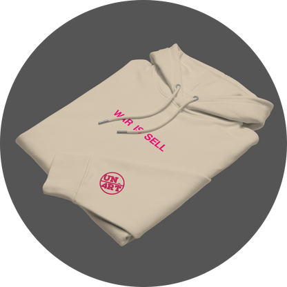 un4rt - the images shows a folded oystrich colored cotton hoodie with pink colored letters printed on the front. the letters read: "war is sell". a pink "UN4RT"-logo embroidery on the left sleeve.