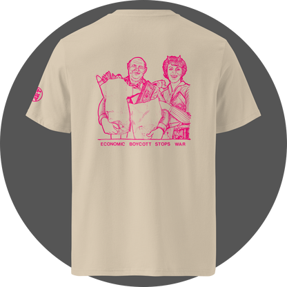 un4rt - the image shows the back of an oystrich colored cotton t-shirt with a pink drawing print in the upper area. the print shows a couple doing excessive shopping. the pink letters below the drawing read: "economic boycott stops war". a print of a pink "UN4RT"-logo on the left sleeve, but only the lower art of the logo is visible.