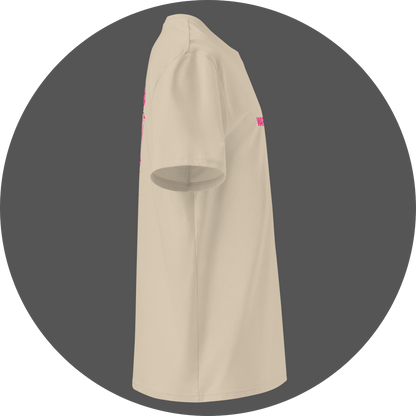 un4rt - the image shows the right side of an oystrich colored cotton t-shirt with a pink print on the front and the back.