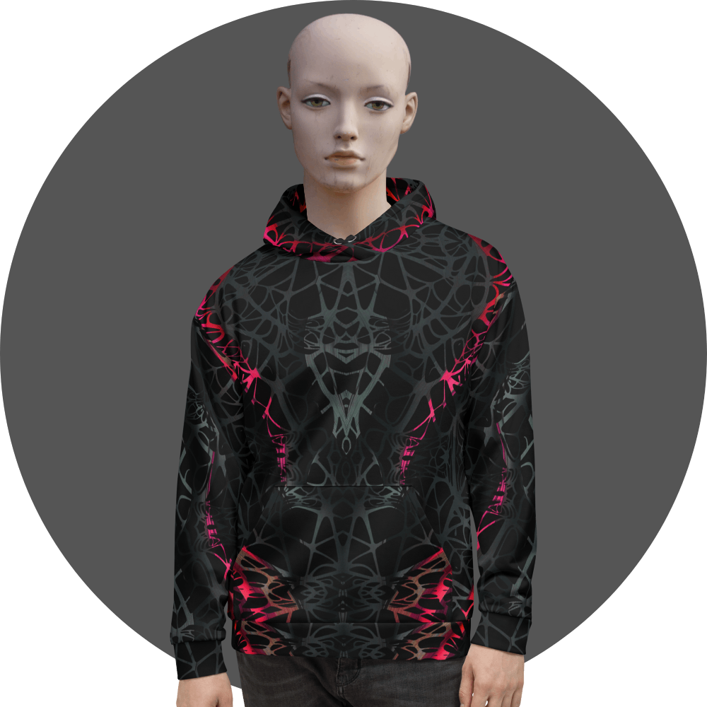 UN4RT black all-over print hoodie, symmetrical dark web-like neural pattern with neon pink-red highlights, kangaroo pocket, mannequin front view, grey circular background.