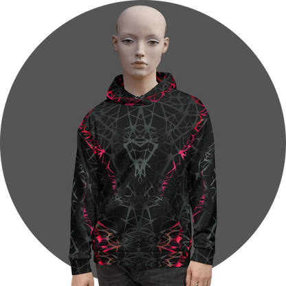 UN4RT black all-over print hoodie, symmetrical dark web-like neural pattern with neon pink-red highlights, kangaroo pocket, mannequin front view, grey circular background.