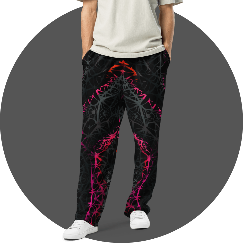 UN4RT black all-over print jogger pants, symmetrical dark web-like neural pattern with neon pink-red highlights, tapered fit, grey circular background.