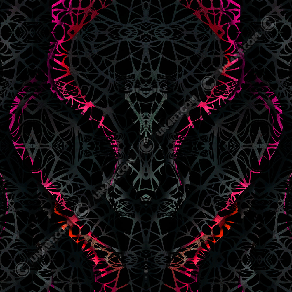 UN4RT WEBWAVES digital art design, symmetrical dark neural network pattern with neon pink-red gradient forming a mask-like figure on black background.