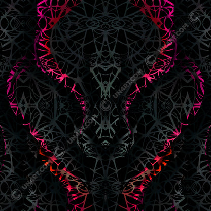 UN4RT WEBWAVES digital art design, symmetrical dark neural network pattern with neon pink-red gradient forming a mask-like figure on black background.