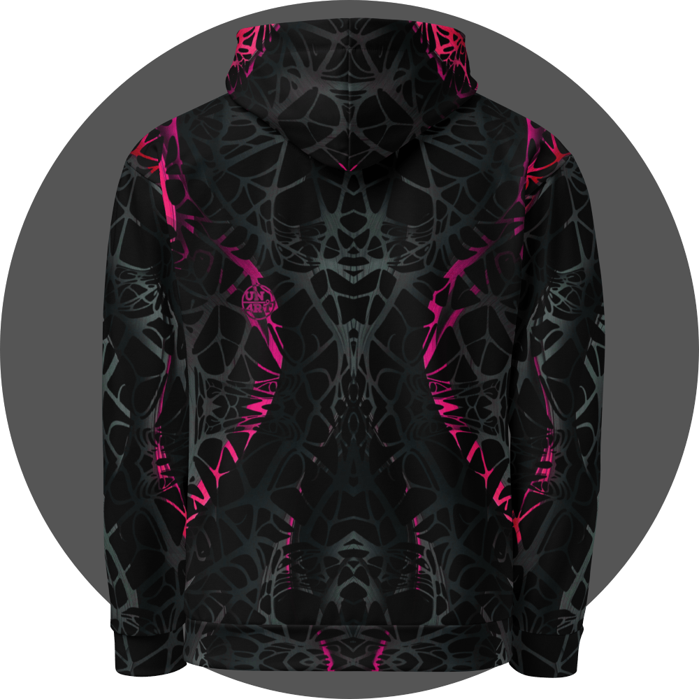 UN4RT black all-over print hoodie back view, symmetrical dark web-like neural pattern with neon pink-red vertical highlights, UN4RT circular logo center left back.