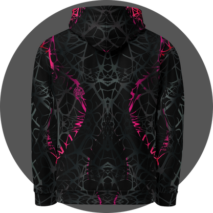 UN4RT black all-over print hoodie back view, symmetrical dark web-like neural pattern with neon pink-red vertical highlights, UN4RT circular logo center left back.
