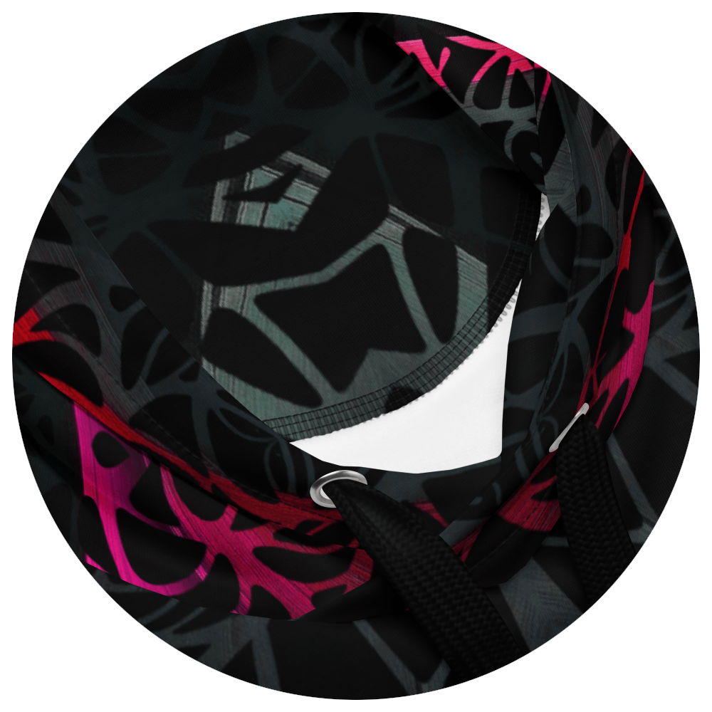 UN4RT black hoodie close-up of hood interior, dark web-like neural pattern with neon pink-red accents, white drawstring and silver metal eyelets visible.