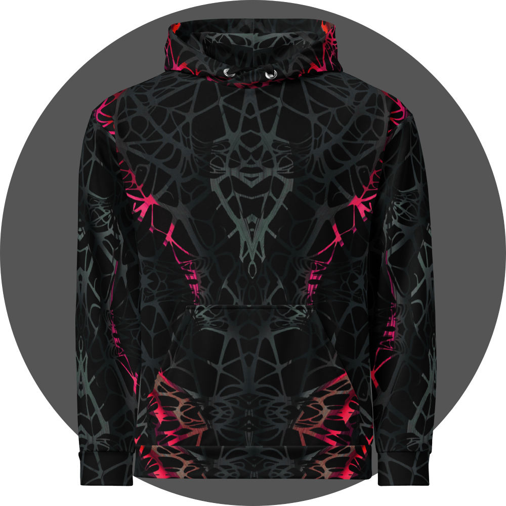 UN4RT black all-over print hoodie front view, symmetrical dark web-like neural pattern with neon pink-red highlights, silver drawstring eyelets, kangaroo pocket.