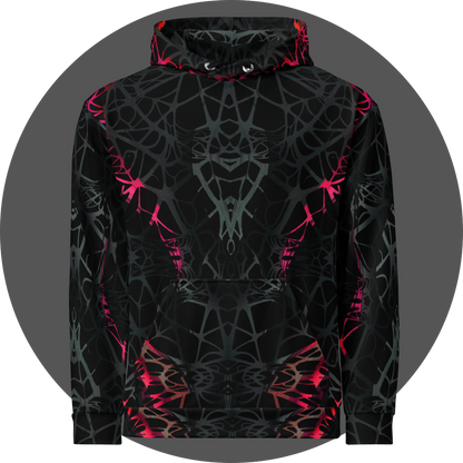 UN4RT black all-over print hoodie front view, symmetrical dark web-like neural pattern with neon pink-red highlights, silver drawstring eyelets, kangaroo pocket.