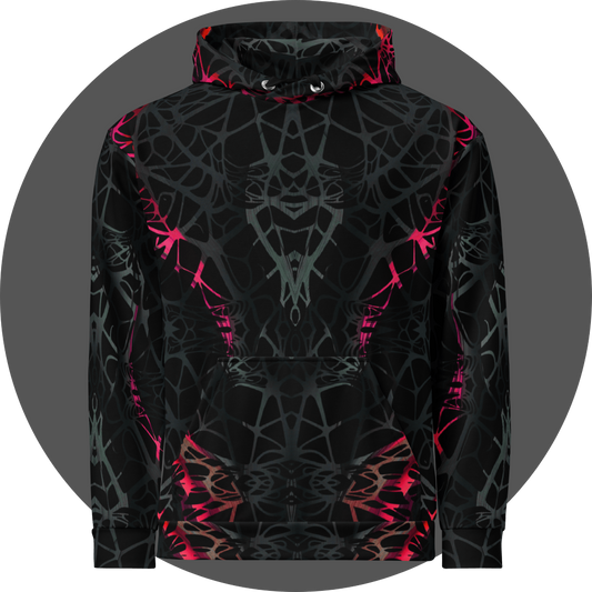 UN4RT black all-over print hoodie front view, symmetrical dark web-like neural pattern with neon pink-red highlights, silver drawstring eyelets, kangaroo pocket.