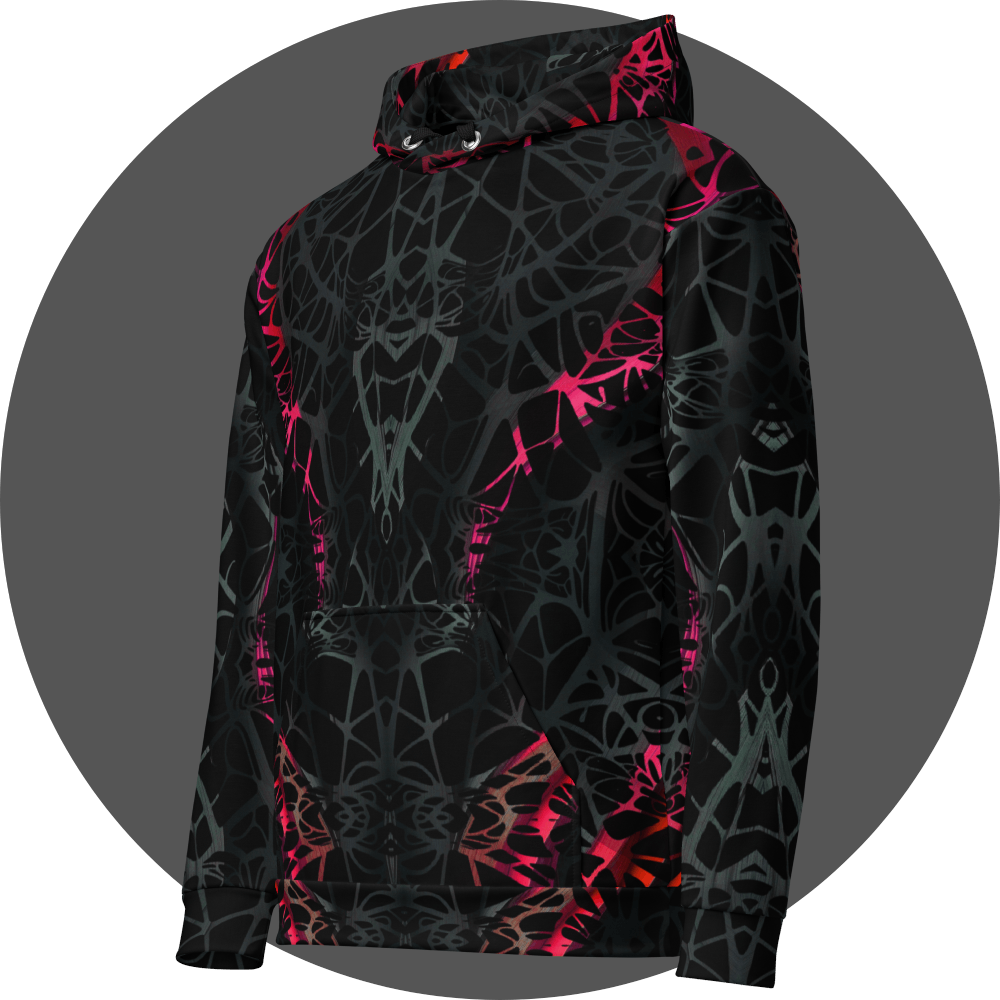 UN4RT black all-over print hoodie left side view, dark web-like neural pattern with neon pink-red highlights on sleeve and body.