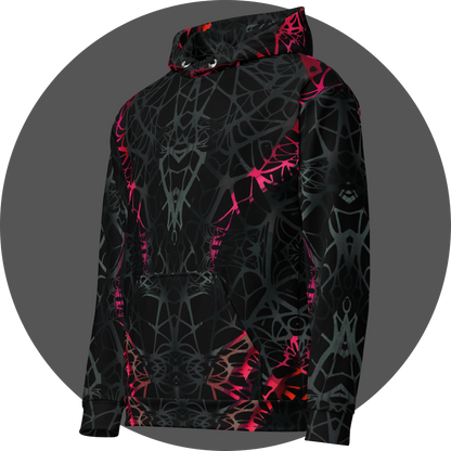 UN4RT black all-over print hoodie left side view, dark web-like neural pattern with neon pink-red highlights on sleeve and body.