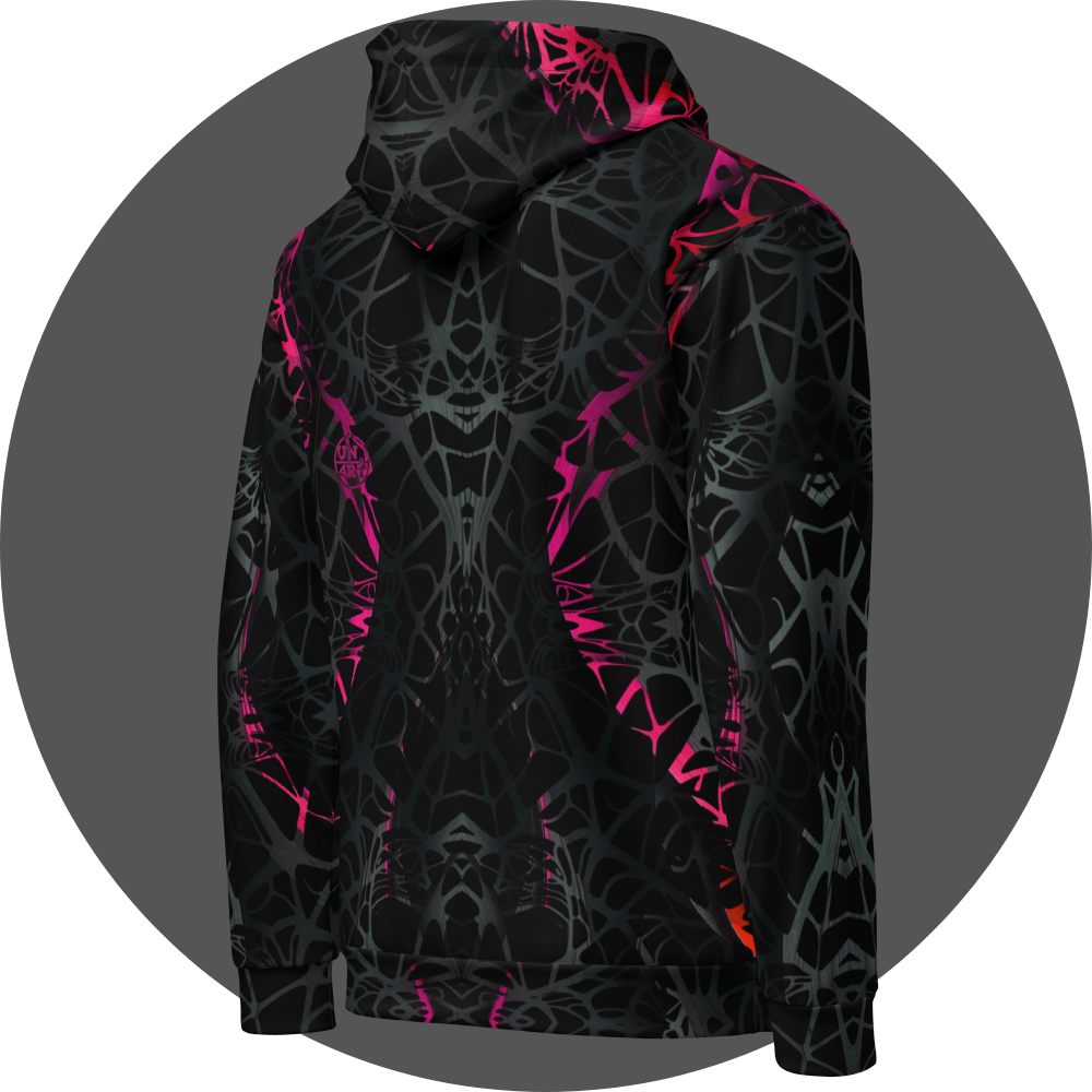 UN4RT black all-over print hoodie right side view, dark web-like neural pattern with neon pink-red highlights, label logo on the back.