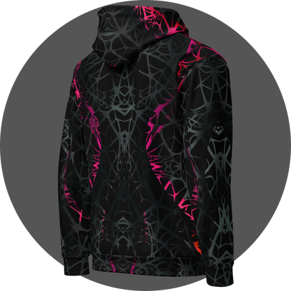 UN4RT black all-over print hoodie right side view, dark web-like neural pattern with neon pink-red highlights, label logo on the back.