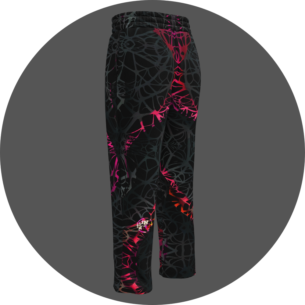 UN4RT black jogger pants back 3D view, all-over dark web-like neural network pattern with neon pink-red gradient highlights, UN4RT circular logo on left leg.