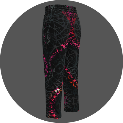 UN4RT black jogger pants back 3D view, all-over dark web-like neural network pattern with neon pink-red gradient highlights, UN4RT circular logo on left leg.