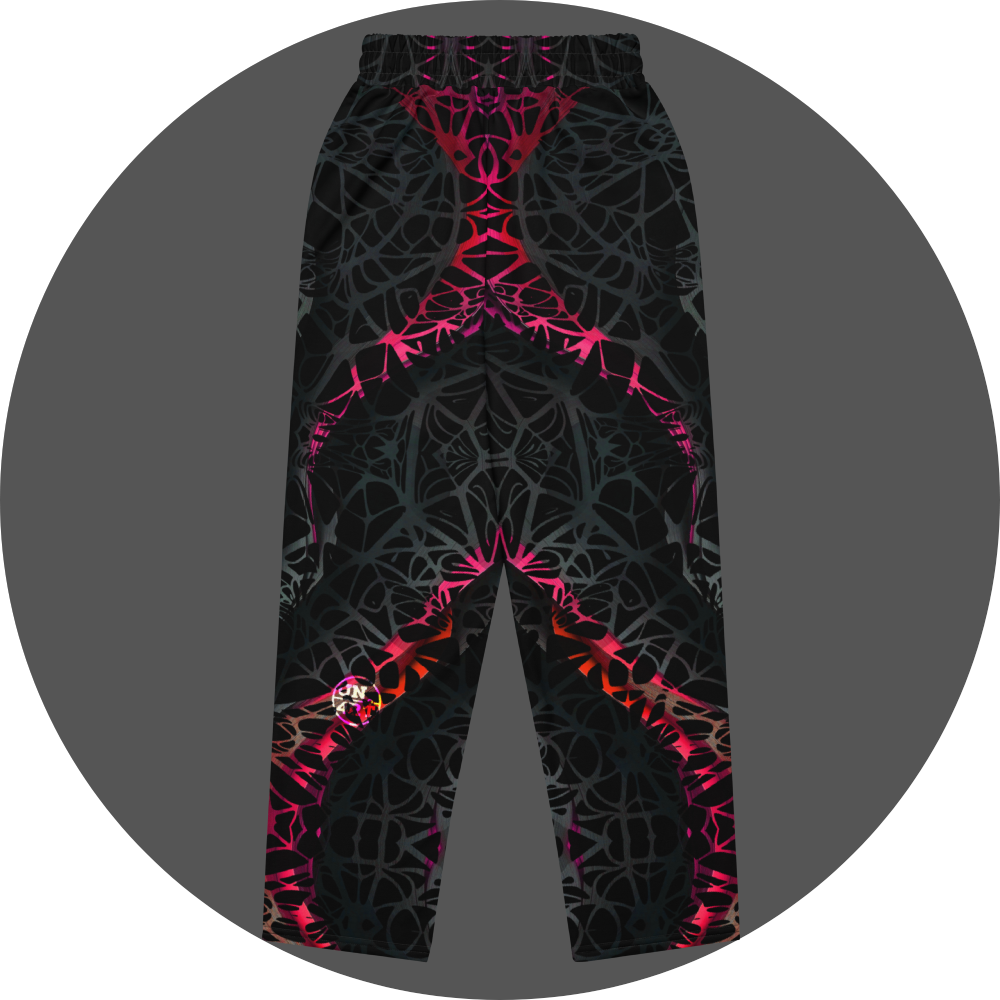 UN4RT black jogger pants flat lay back view, all-over dark web-like neural network pattern with neon pink-red gradient highlights, UN4RT circular logo on left leg.
