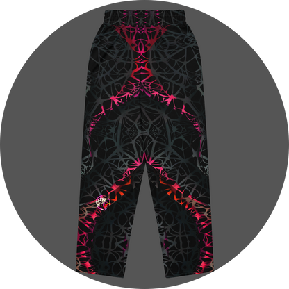 UN4RT black jogger pants flat lay back view, all-over dark web-like neural network pattern with neon pink-red gradient highlights, UN4RT circular logo on left leg.