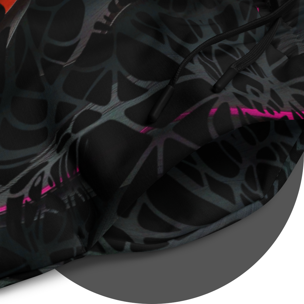 UN4RT black jogger pants close-up detail, dark web-like neural network pattern with neon pink-red gradient, fabric texture visible.