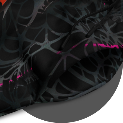 UN4RT black jogger pants close-up detail, dark web-like neural network pattern with neon pink-red gradient, fabric texture visible.