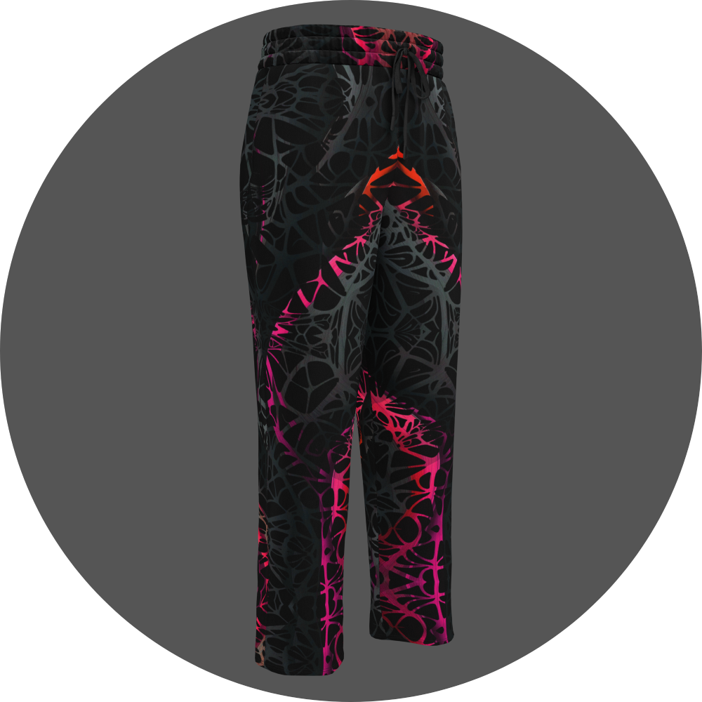 UN4RT black jogger pants front 3D view, all-over dark web-like neural network pattern with neon pink-red gradient, drawstring waistband, tapered fit.