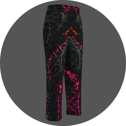 UN4RT black jogger pants front 3D view, all-over dark web-like neural network pattern with neon pink-red gradient, drawstring waistband, tapered fit.
