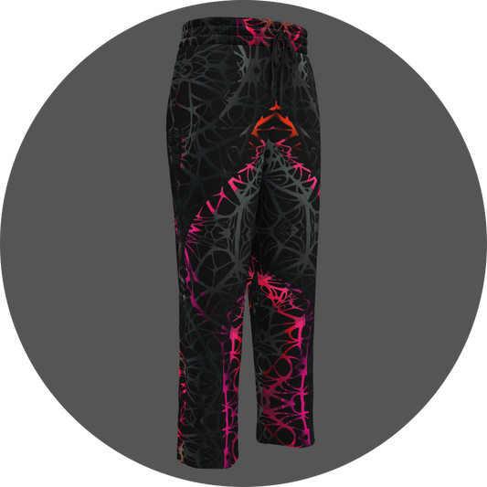 UN4RT black jogger pants front 3D view, all-over dark web-like neural network pattern with neon pink-red gradient, drawstring waistband, tapered fit.