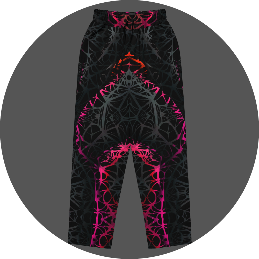 UN4RT black jogger pants flat lay front view, all-over print with dark web-like neural network pattern and neon pink-red gradient highlights, elastic waistband.