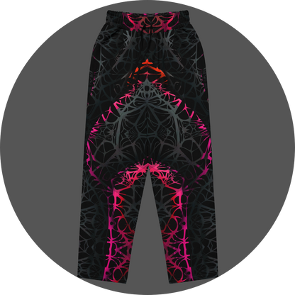 UN4RT black jogger pants flat lay front view, all-over print with dark web-like neural network pattern and neon pink-red gradient highlights, elastic waistband.