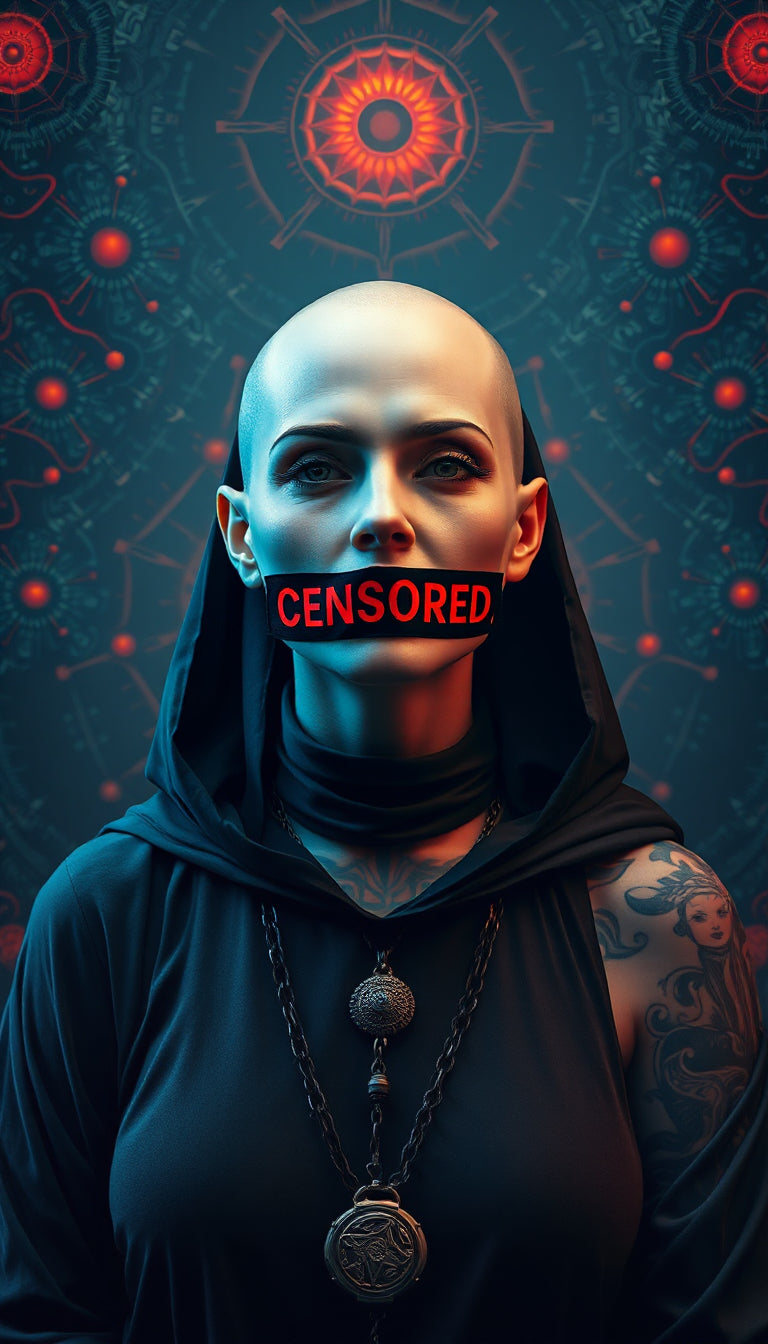 UN4RT - Bald tattooed woman in black hooded robe with "CENSORED" red text band across mouth, ornate bronze medallion chain necklace, dark teal background with glowing red mandala and gear motifs, surreal censorship editorial portrait