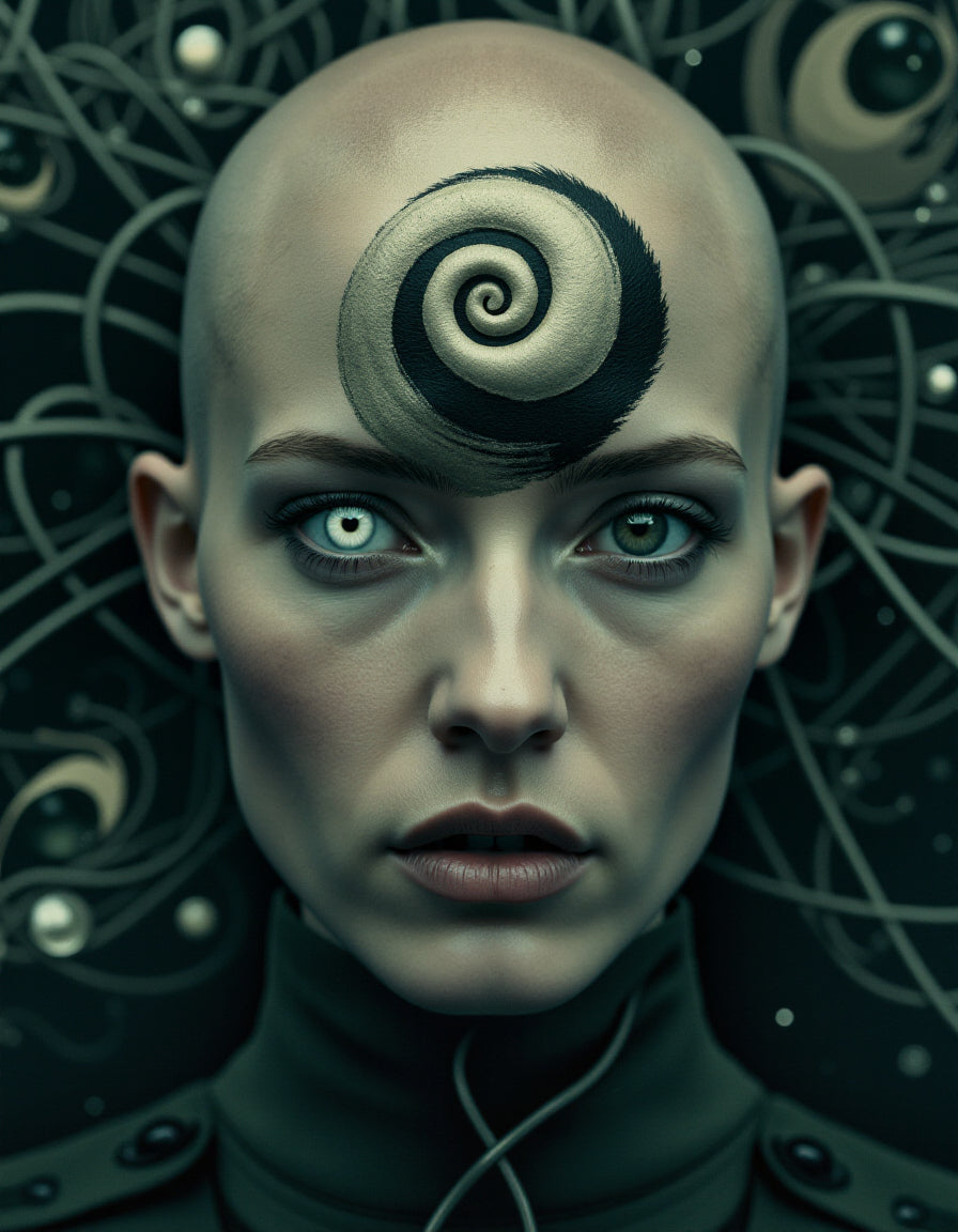 UN4RT - Bald woman with pale blue eyes and large hypnotic spiral symbol on forehead, dark military-style collar, surreal background of tangled wires and floating eyeballs, disorienting psychological editorial portrait