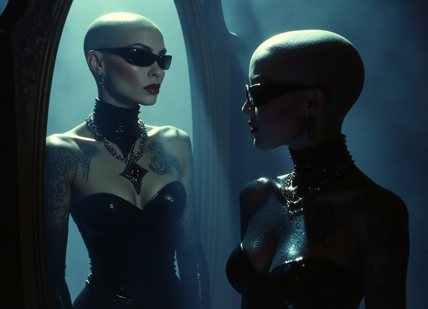 UN4RT - Bald tattooed woman in black latex strapless corset dress with angular black sunglasses and large gothic star pendant necklace, facing her dark reflection in an ornate mirror, moody teal fog atmosphere, dark luxury editorial portrait